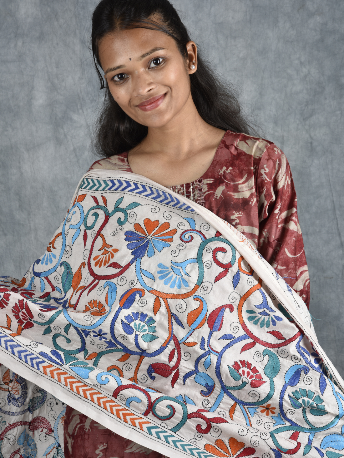 Blue and Tangerine Floral Hand Embroidered Dupatta Stole