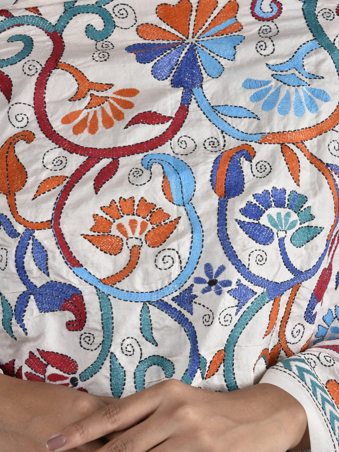 Blue and Tangerine Floral Hand Embroidered Dupatta Stole