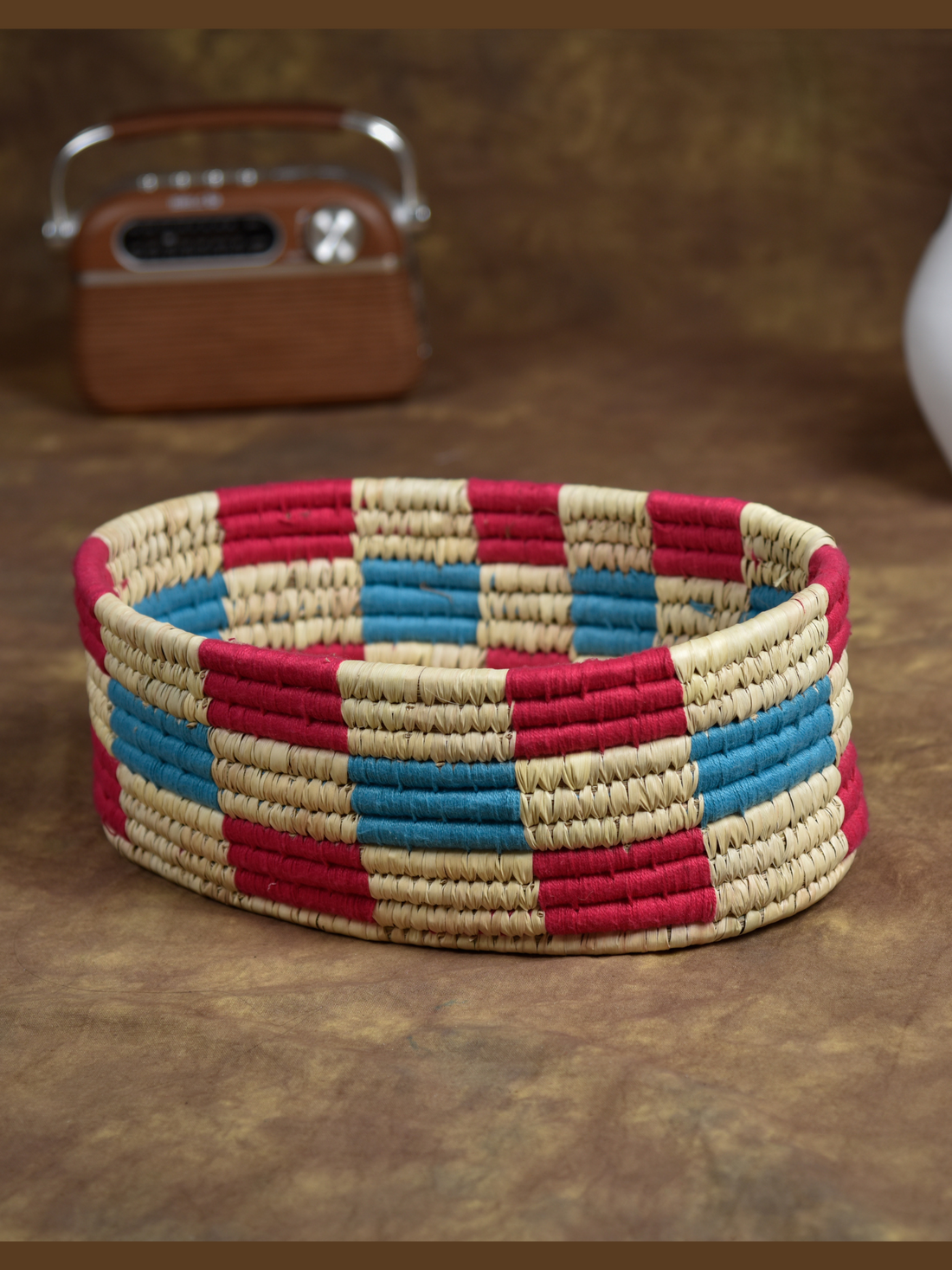Handmade Blue & Magenta Kanshi Grass Organiser/Fruit Basket