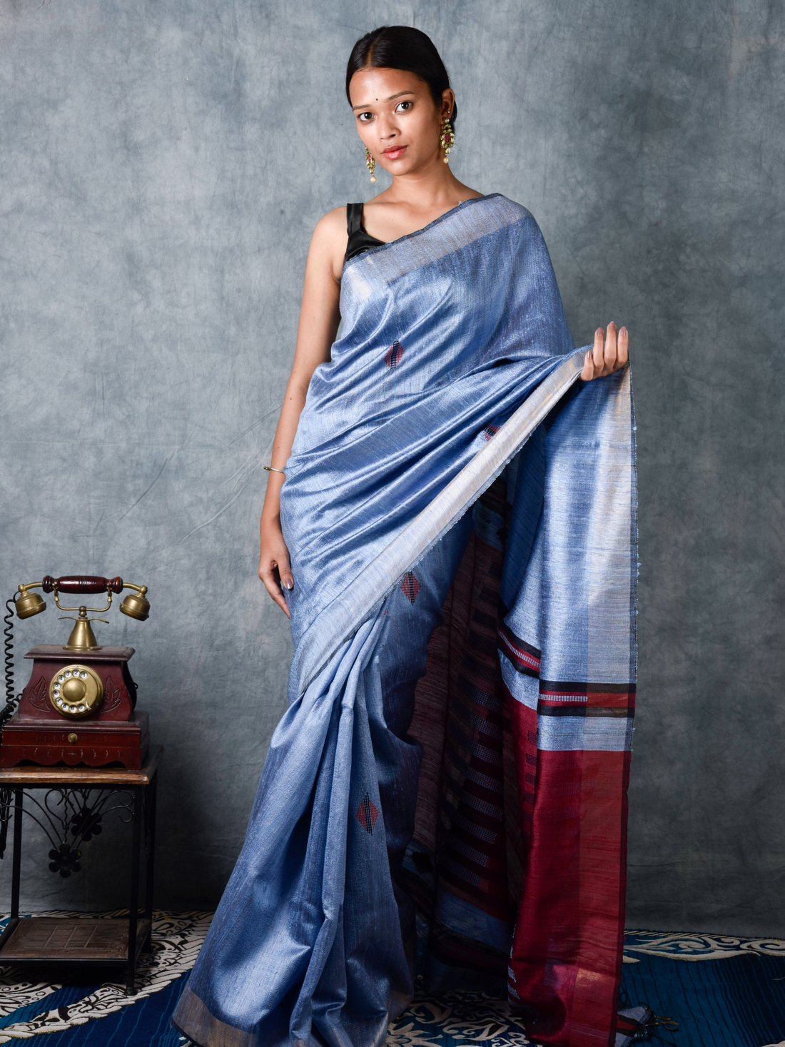 Mulberry Dupion Pure Handloom Crimson Blue Silk Saree