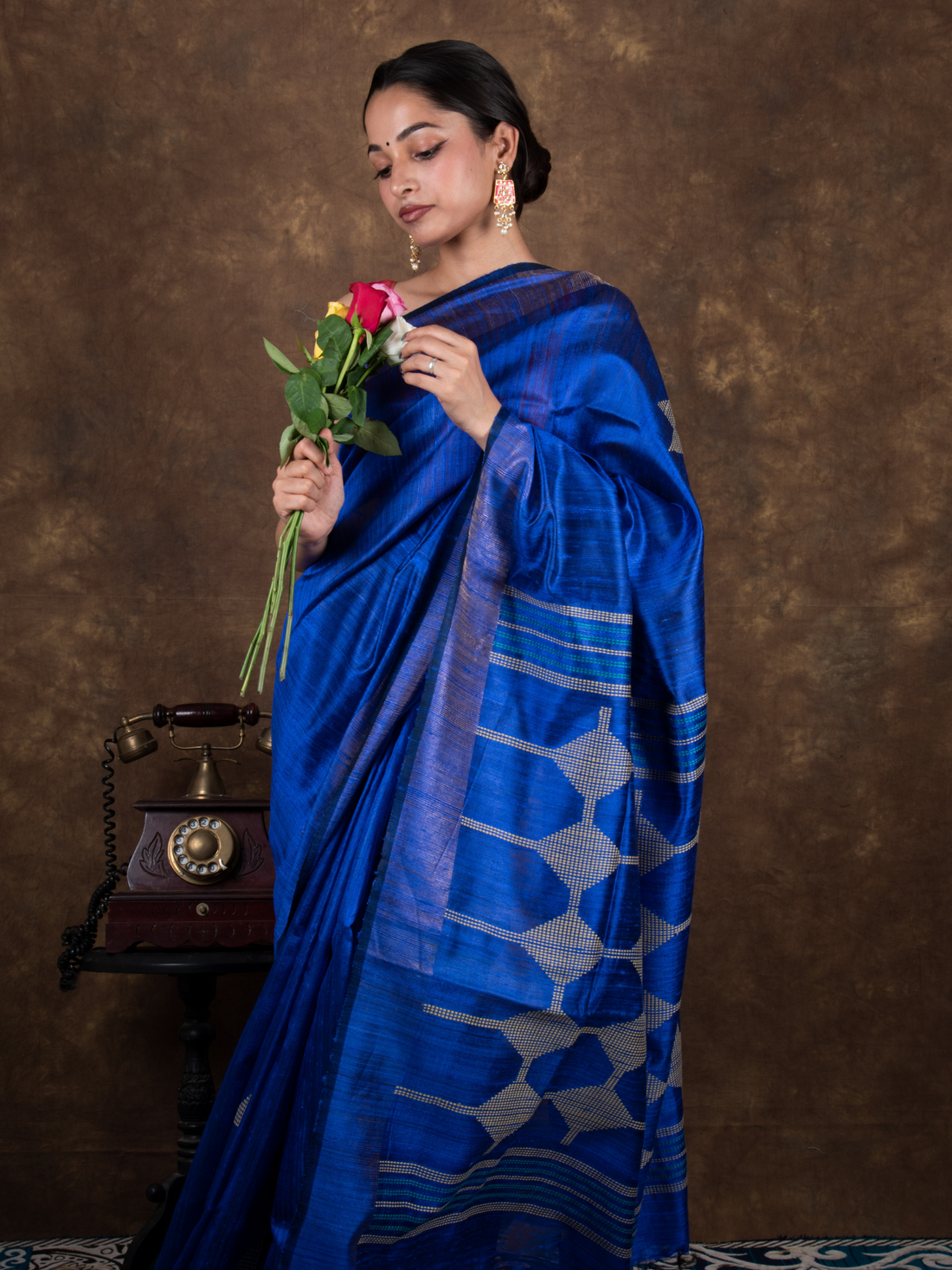 Pure Mulberry Dupion Handloom Indigo Silk Saree