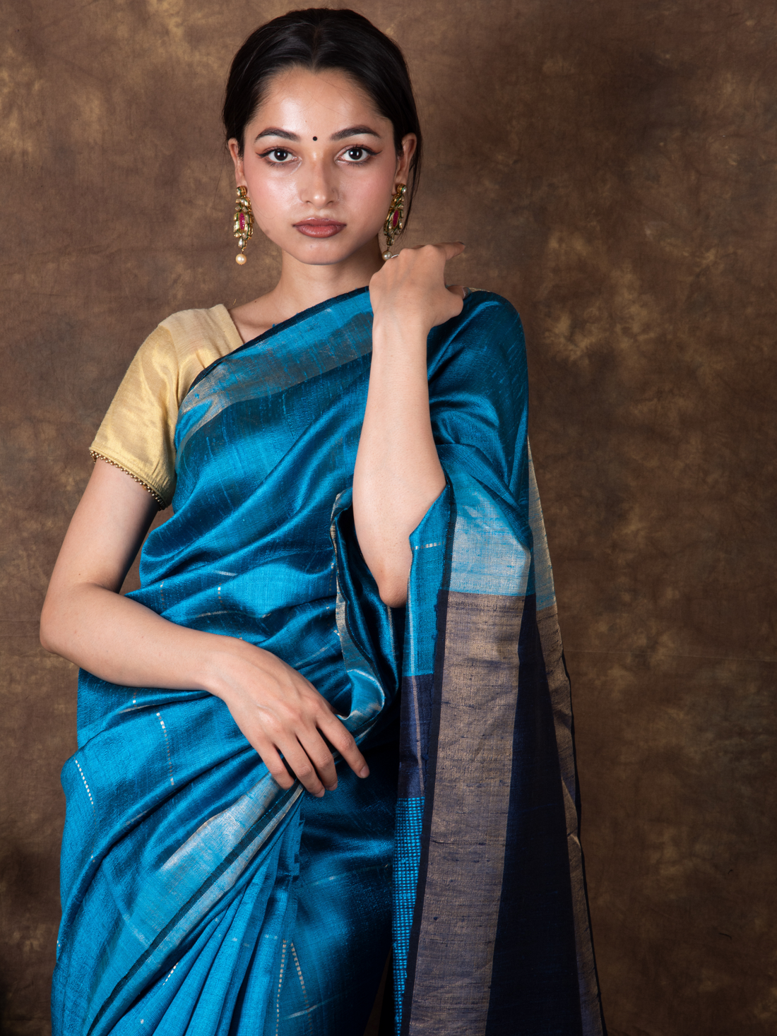 Pure Mulberry Dupion Turquoise Blue Handloom Silk Saree