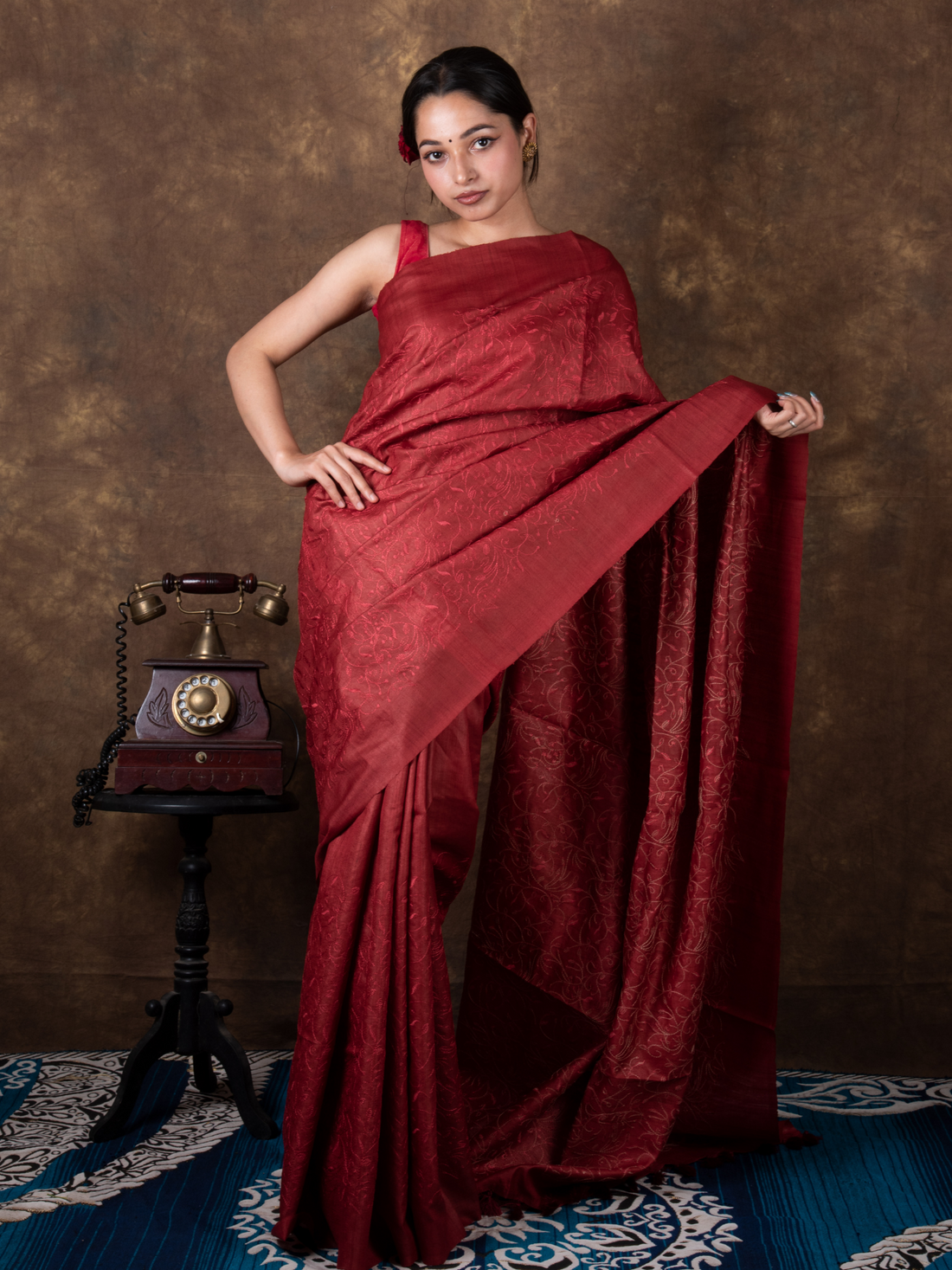 Pure Handloom Brick Red Tussar Silk Saree