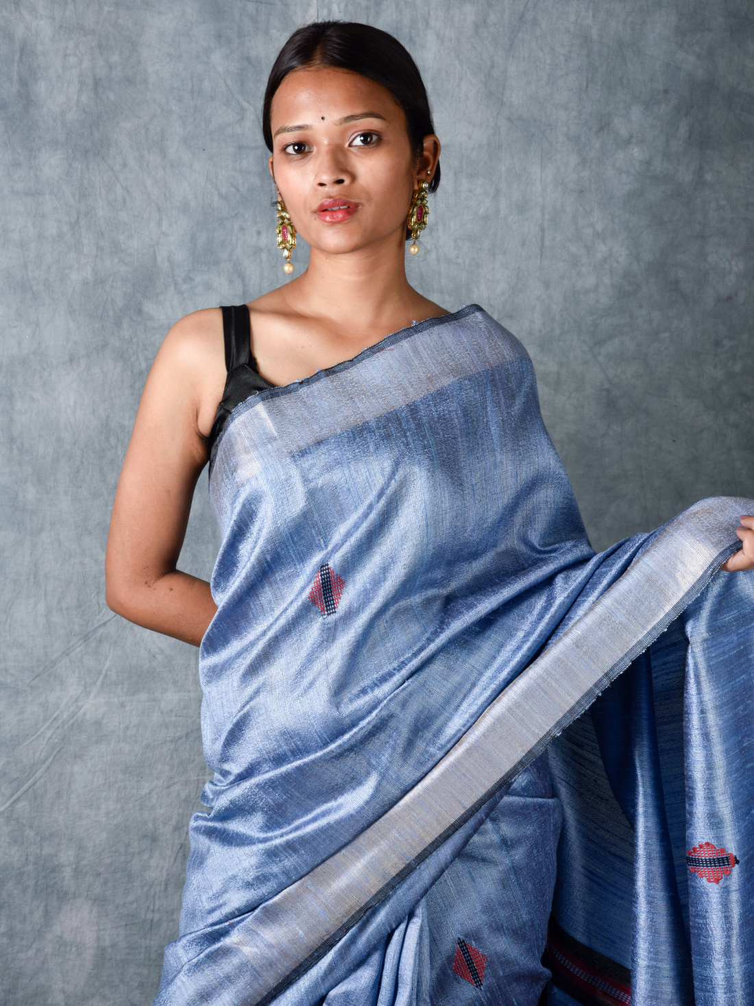 Mulberry Dupion Pure Handloom Crimson Blue Silk Saree