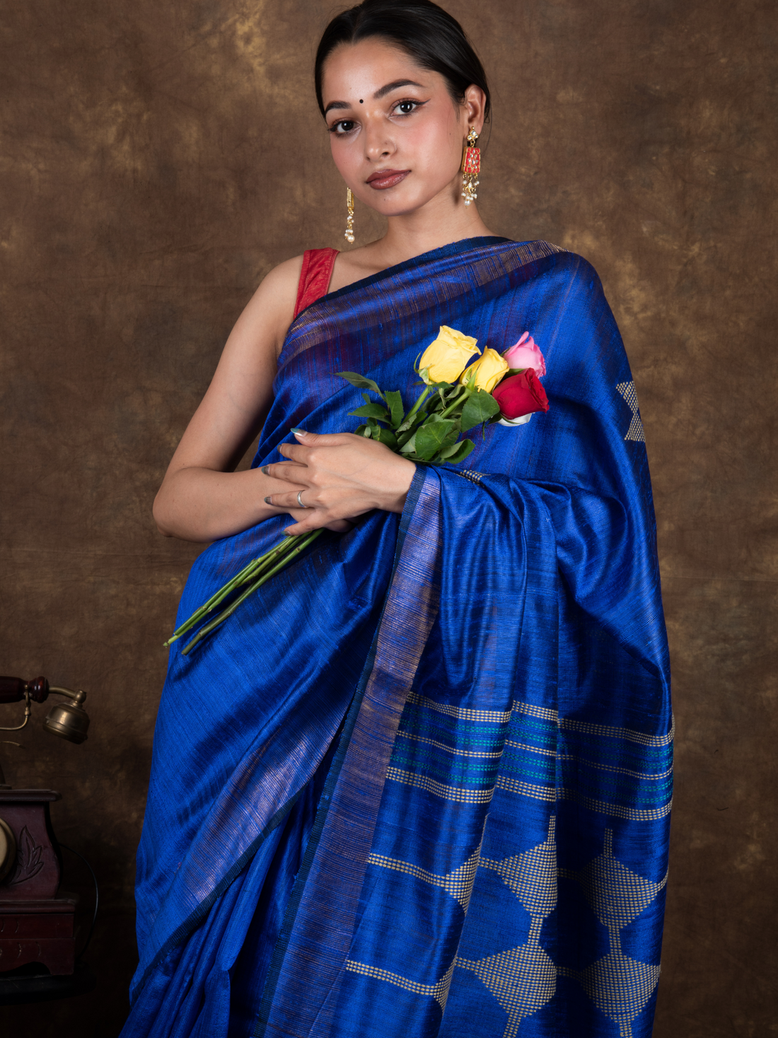 Pure Mulberry Dupion Handloom Indigo Silk Saree