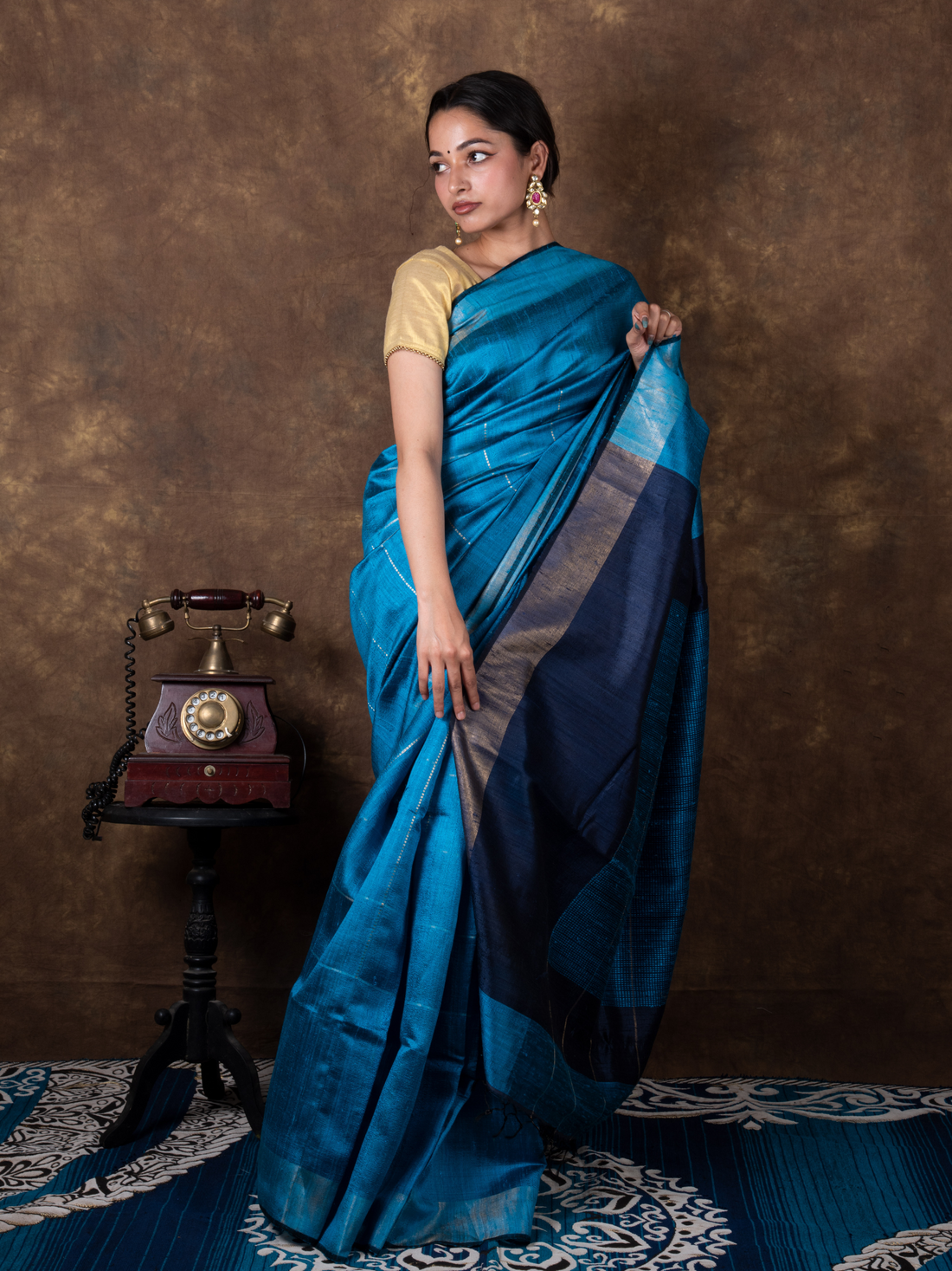 Pure Mulberry Dupion Turquoise Blue Handloom Silk Saree