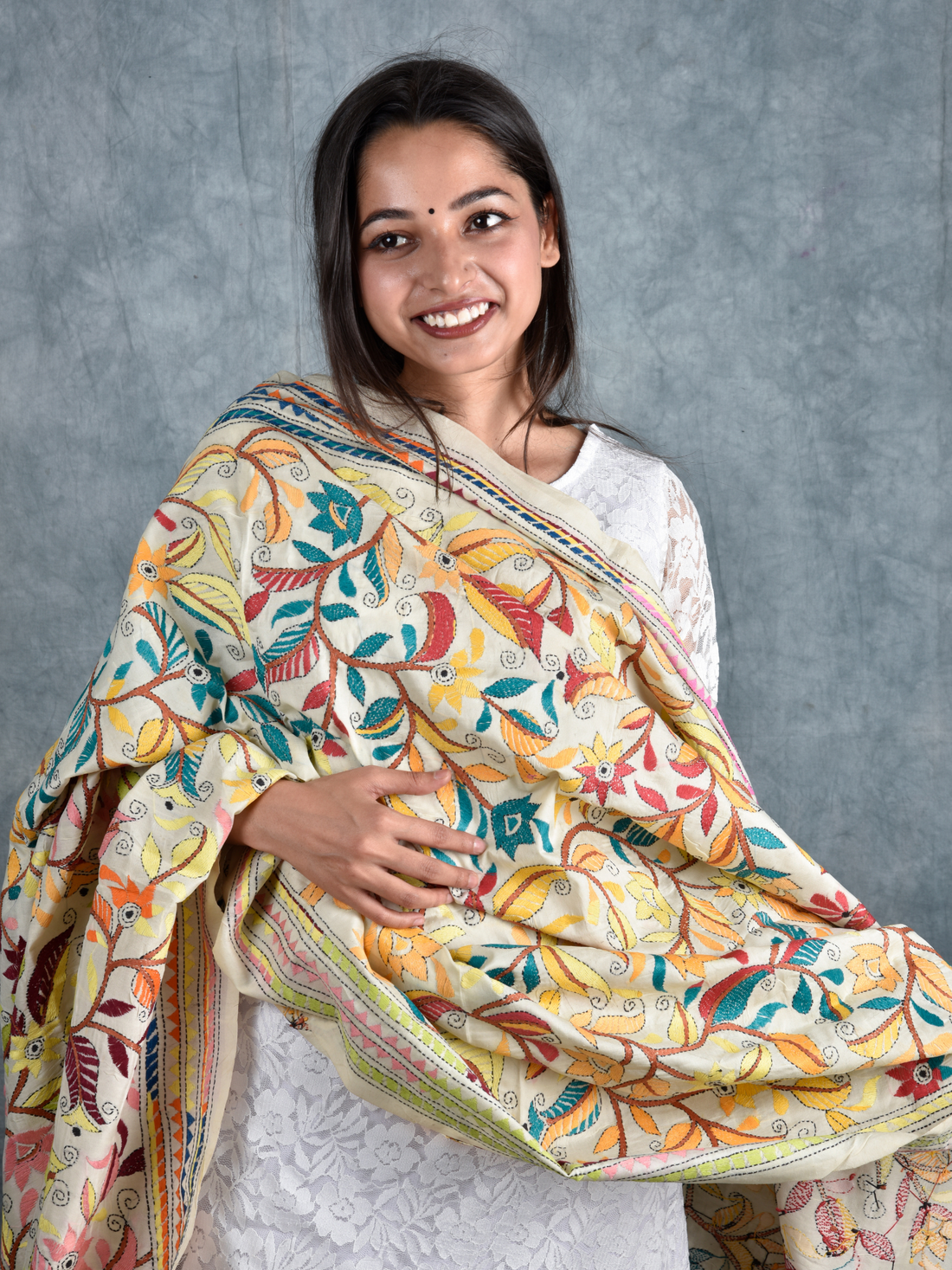Floral Kantha Hand Embroidered Dupatta