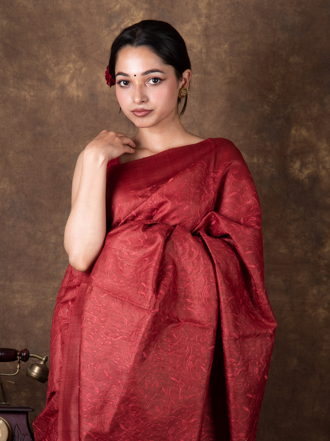 Pure Handloom Brick Red Tussar Silk Saree