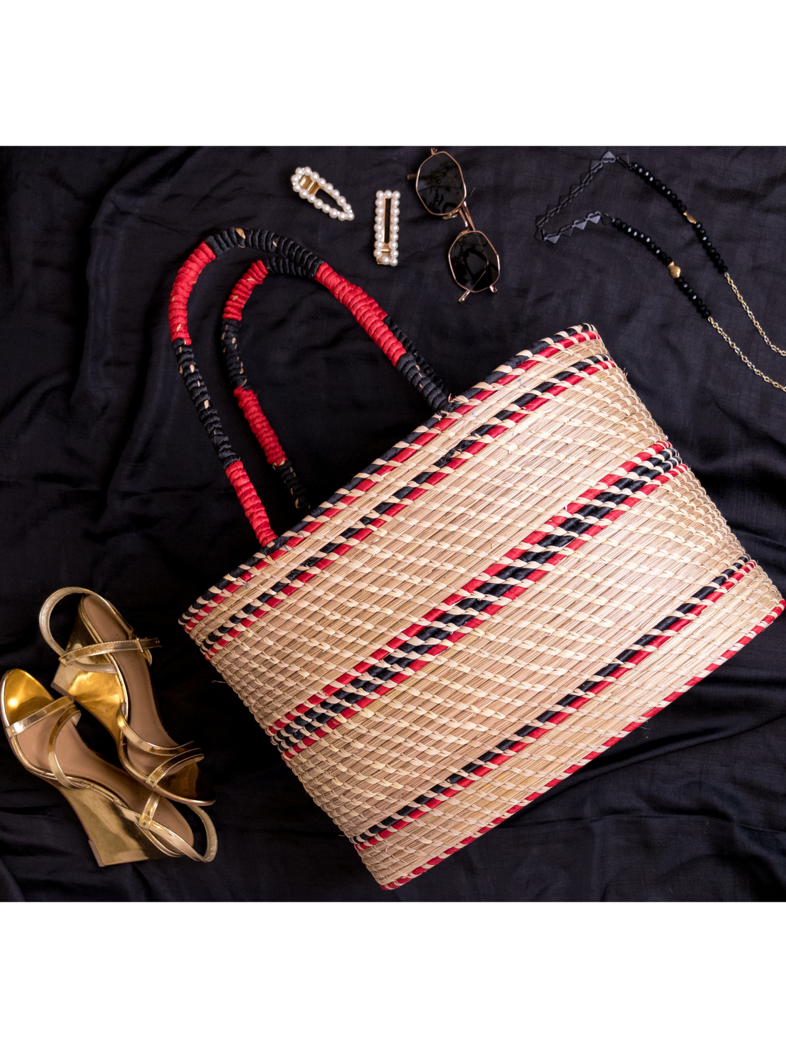 Woven Picnic Basket Red and Black
