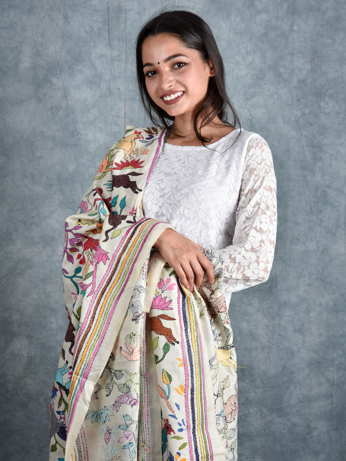 Contemporary Flor and Fauna Hand Embroidered Dupatta