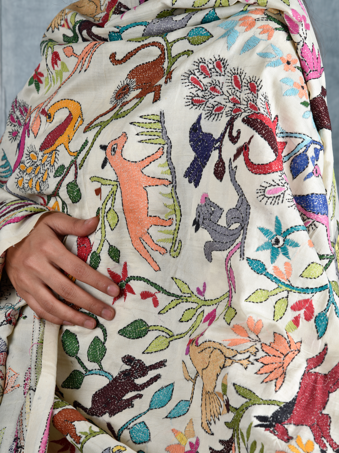 Contemporary Flor and Fauna Hand Embroidered Dupatta