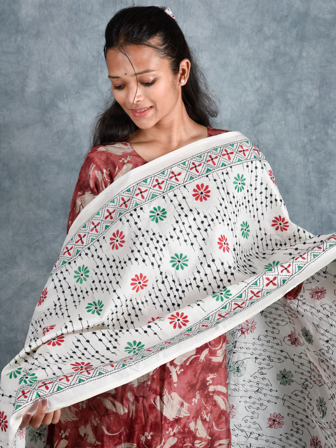 Crimson Forest Hand Embroidered Dupatta