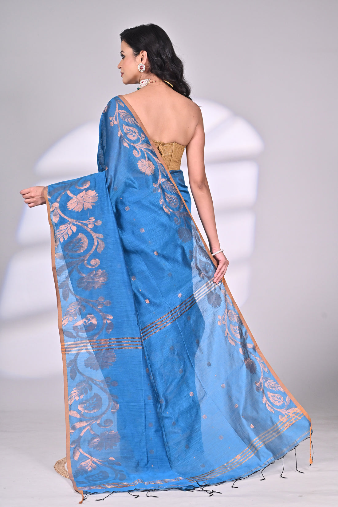 Elegant Blue Handloom Saree with Golden Floral Zari Work