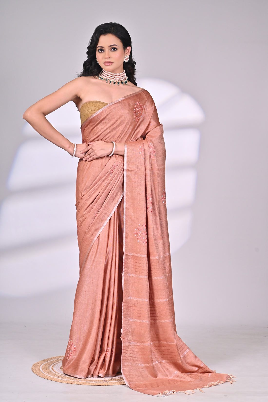 Peach Soft Silk Saree with Embroidery