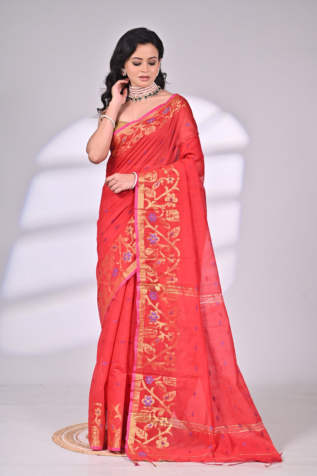 Red Cotton Silk Saree with Zari Border and Floral Motifs