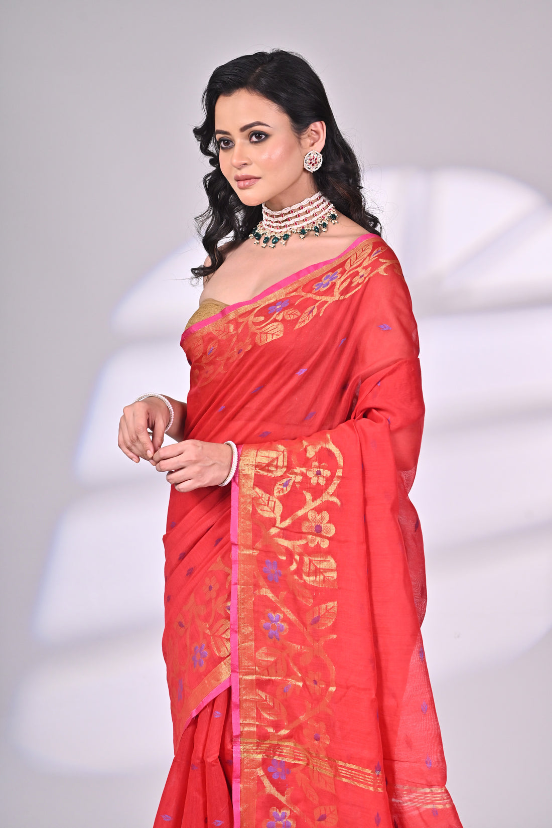 Red Cotton Silk Saree with Zari Border and Floral Motifs