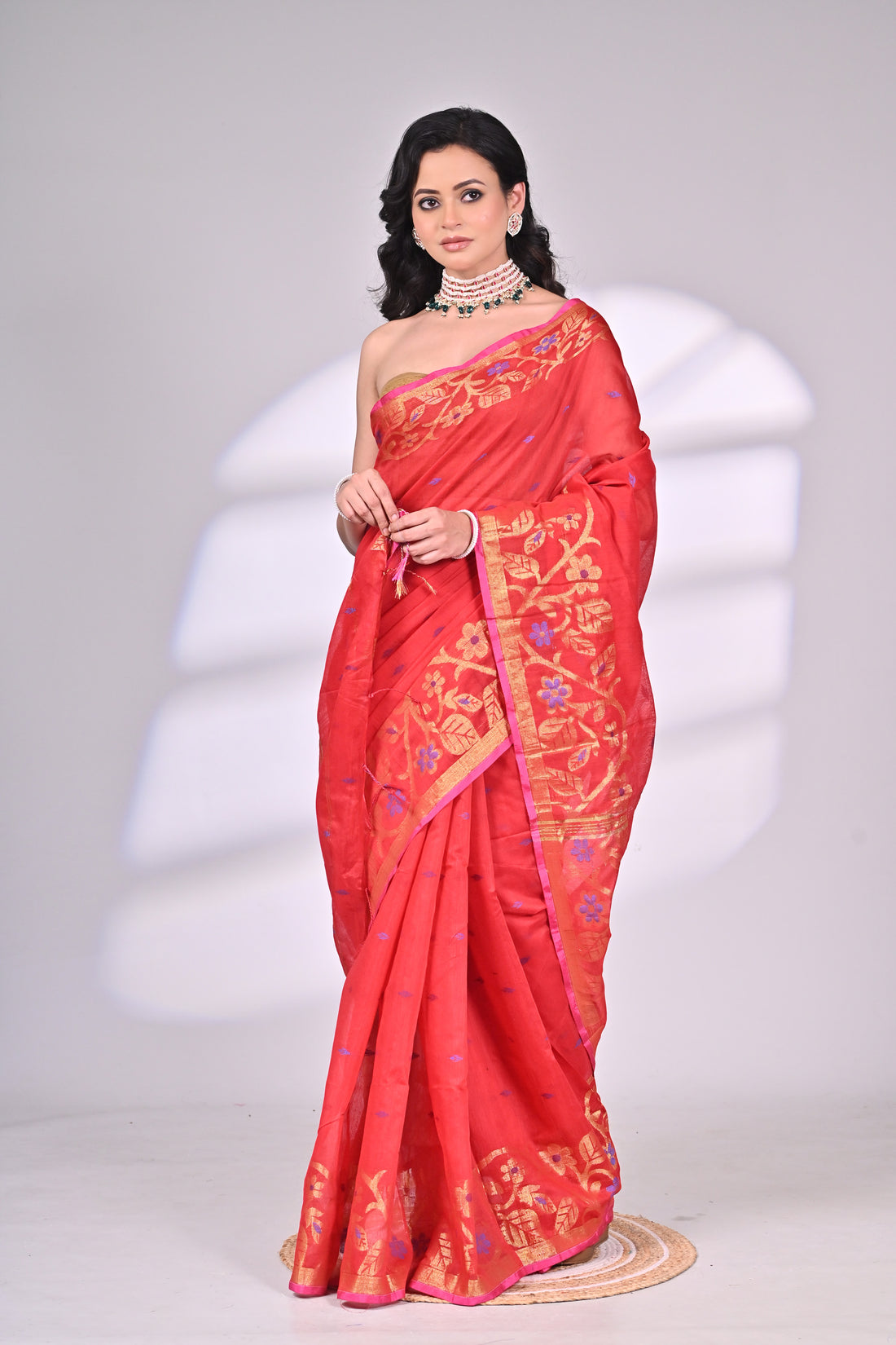 Red Cotton Silk Saree with Zari Border and Floral Motifs