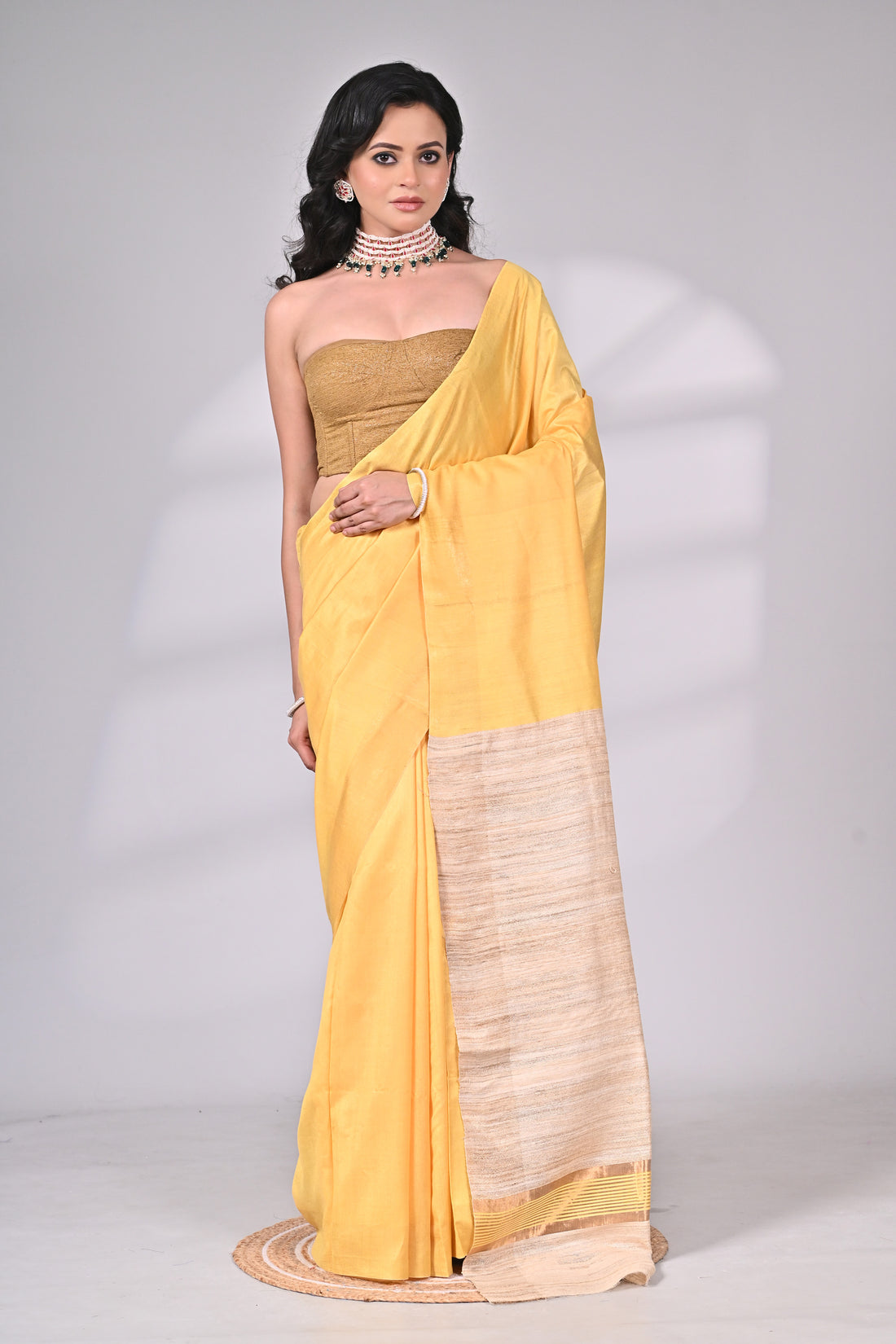 Yellow Tussar Staple Handloom Saree with Contrast Beige Pallu