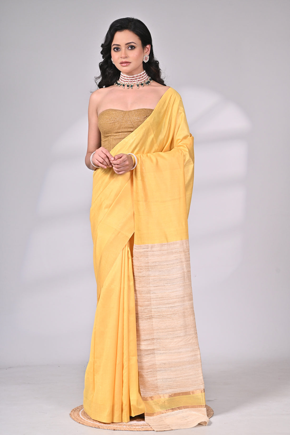Yellow Tussar Staple Handloom Saree with Contrast Beige Pallu