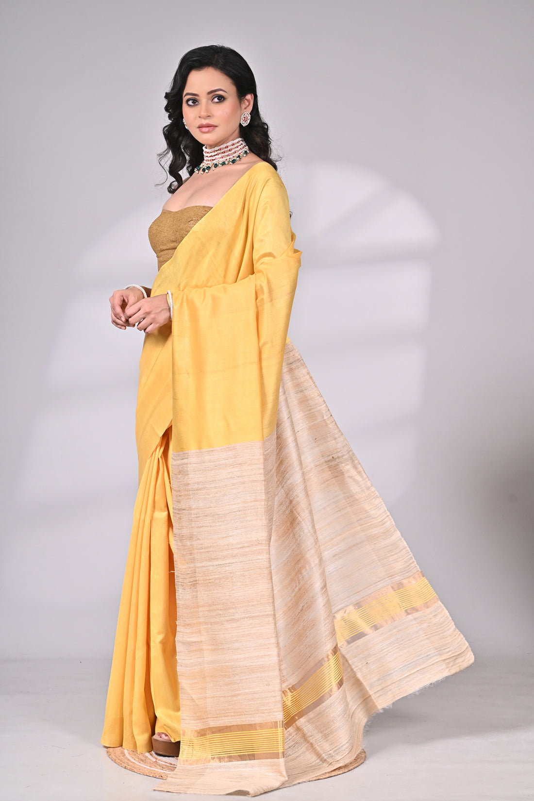 Yellow Tussar Staple Handloom Saree with Contrast Beige Pallu