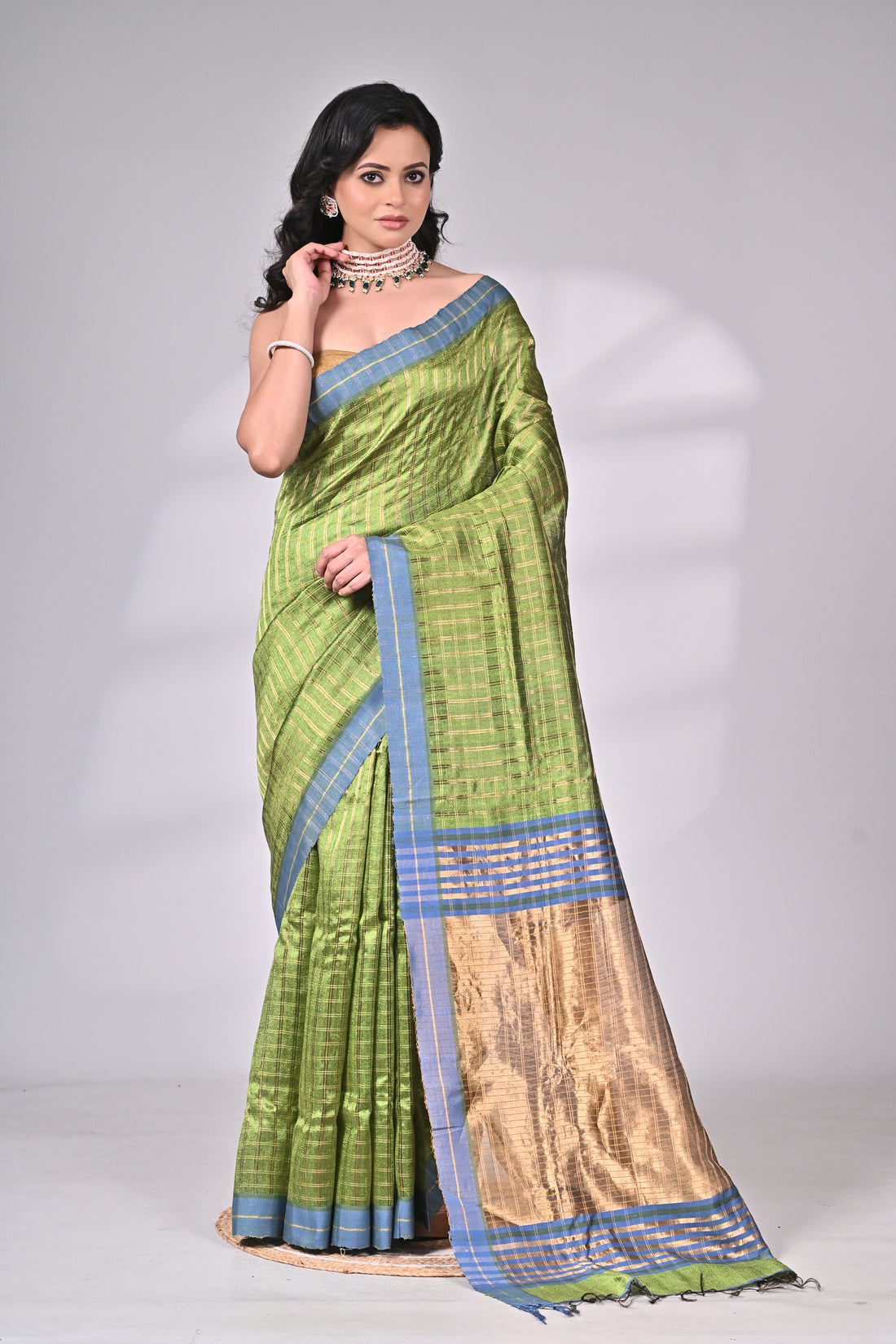 Green Dupion Silk Handloom Saree with Blue Border