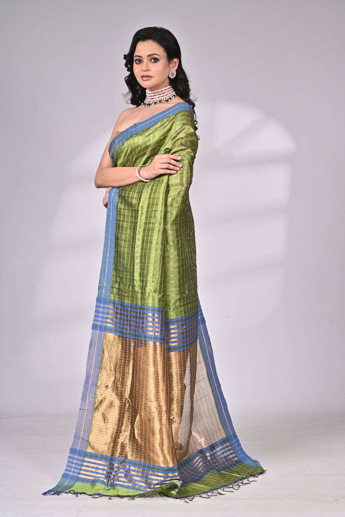 Green Dupion Silk Handloom Saree with Blue Border