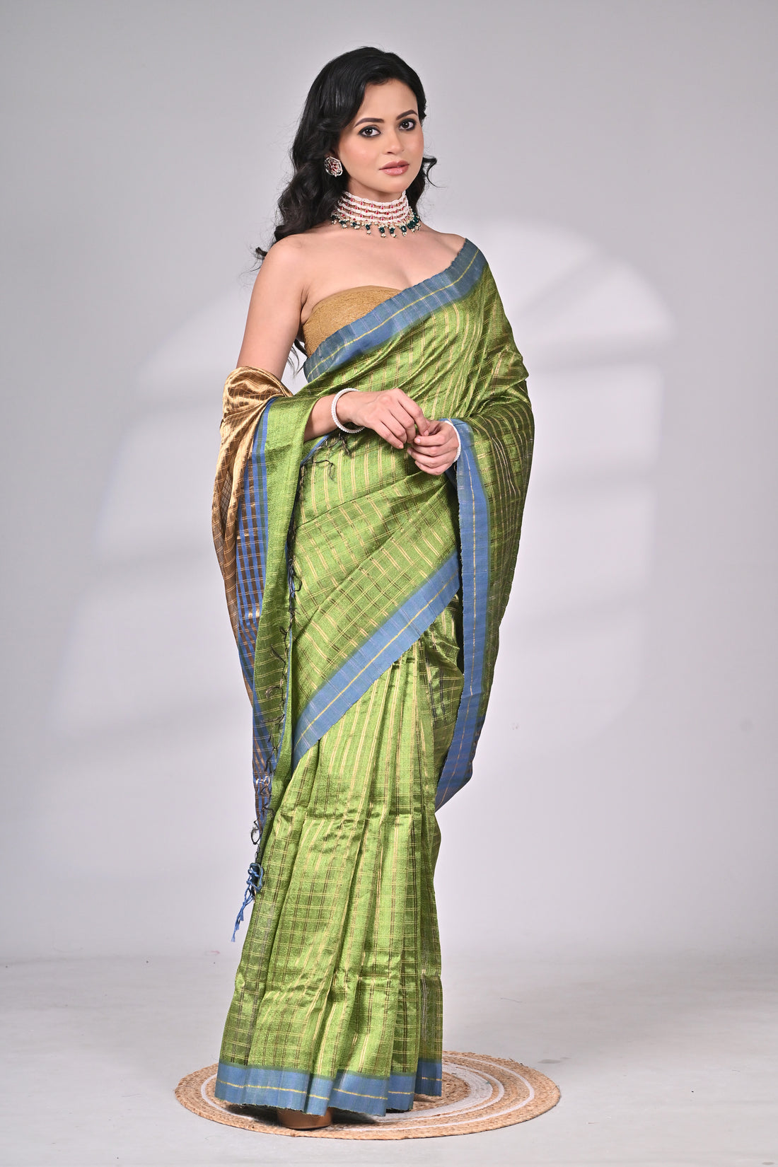 Green Dupion Silk Handloom Saree with Blue Border