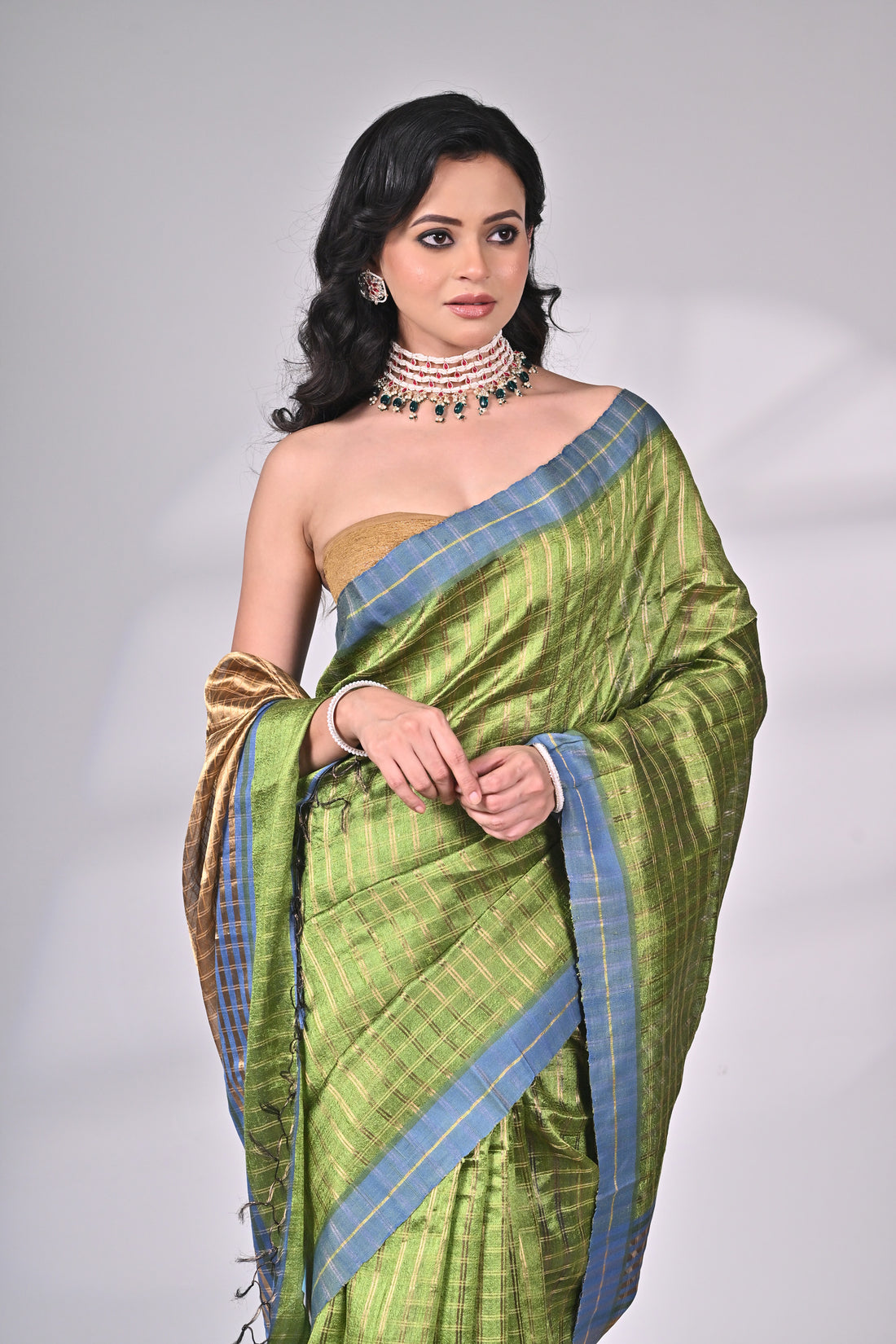 Green Dupion Silk Handloom Saree with Blue Border