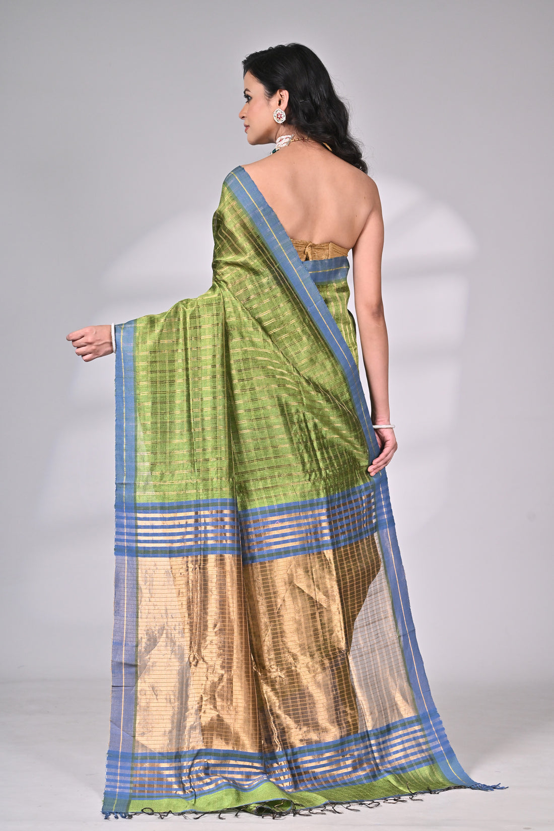 Green Dupion Silk Handloom Saree with Blue Border