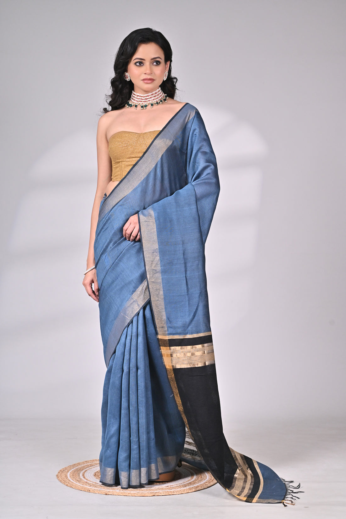 Blue Viscose Silk Handloom Saree with Black Contrast Pallu
