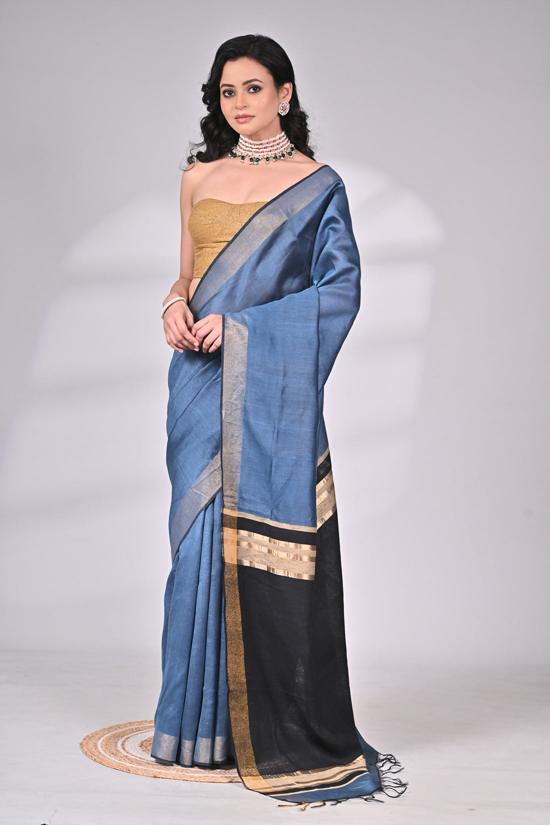Blue Viscose Silk Handloom Saree with Black Contrast Pallu