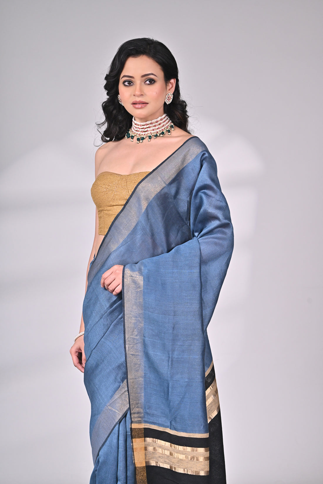Blue Viscose Silk Handloom Saree with Black Contrast Pallu
