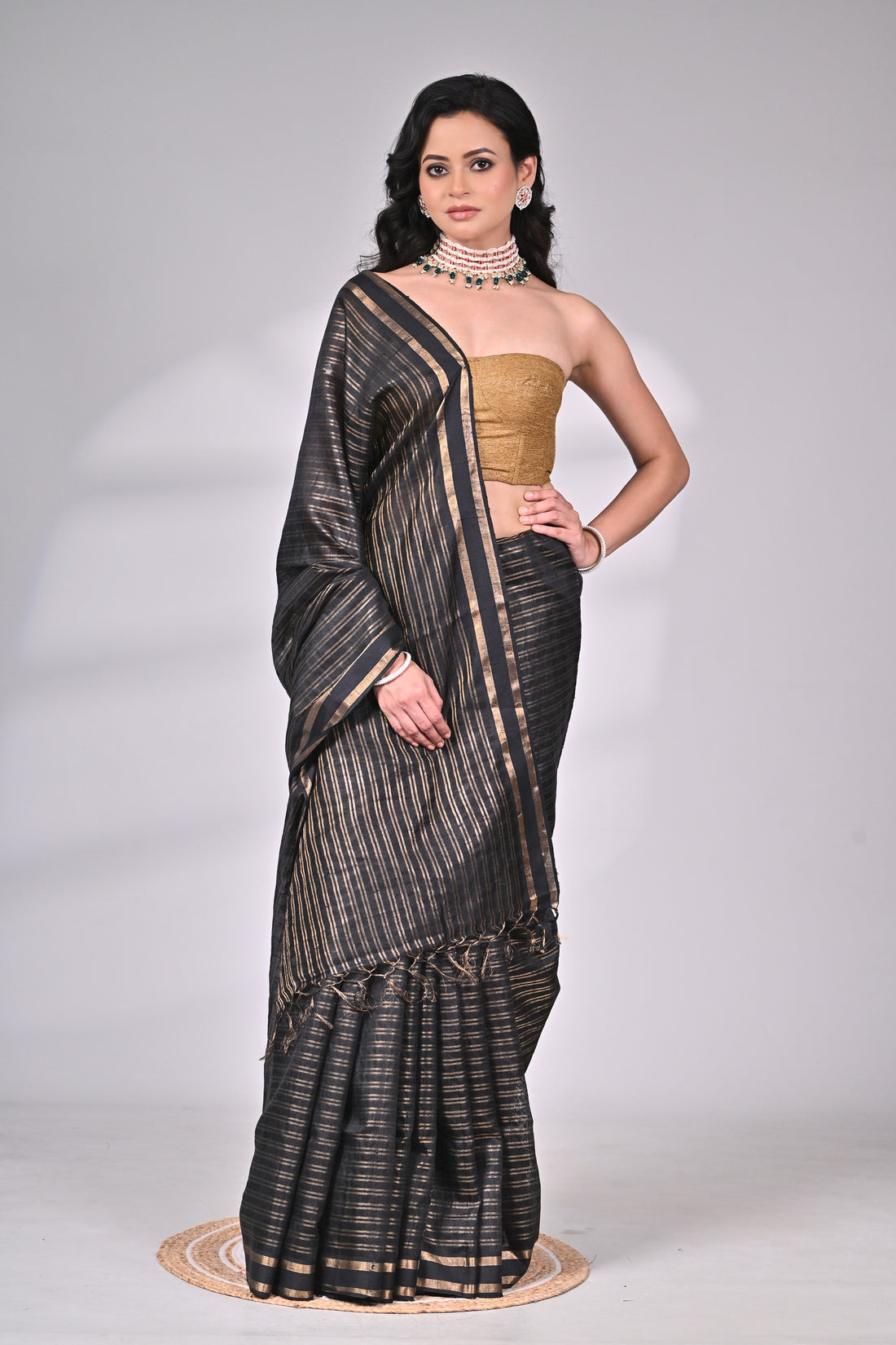 Black Dupion Handloom Silk Saree with Golden Stripes
