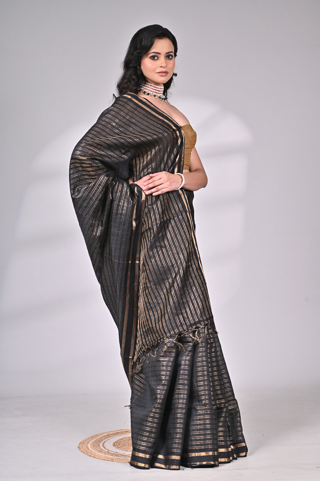 Black Dupion Handloom Silk Saree with Golden Stripes