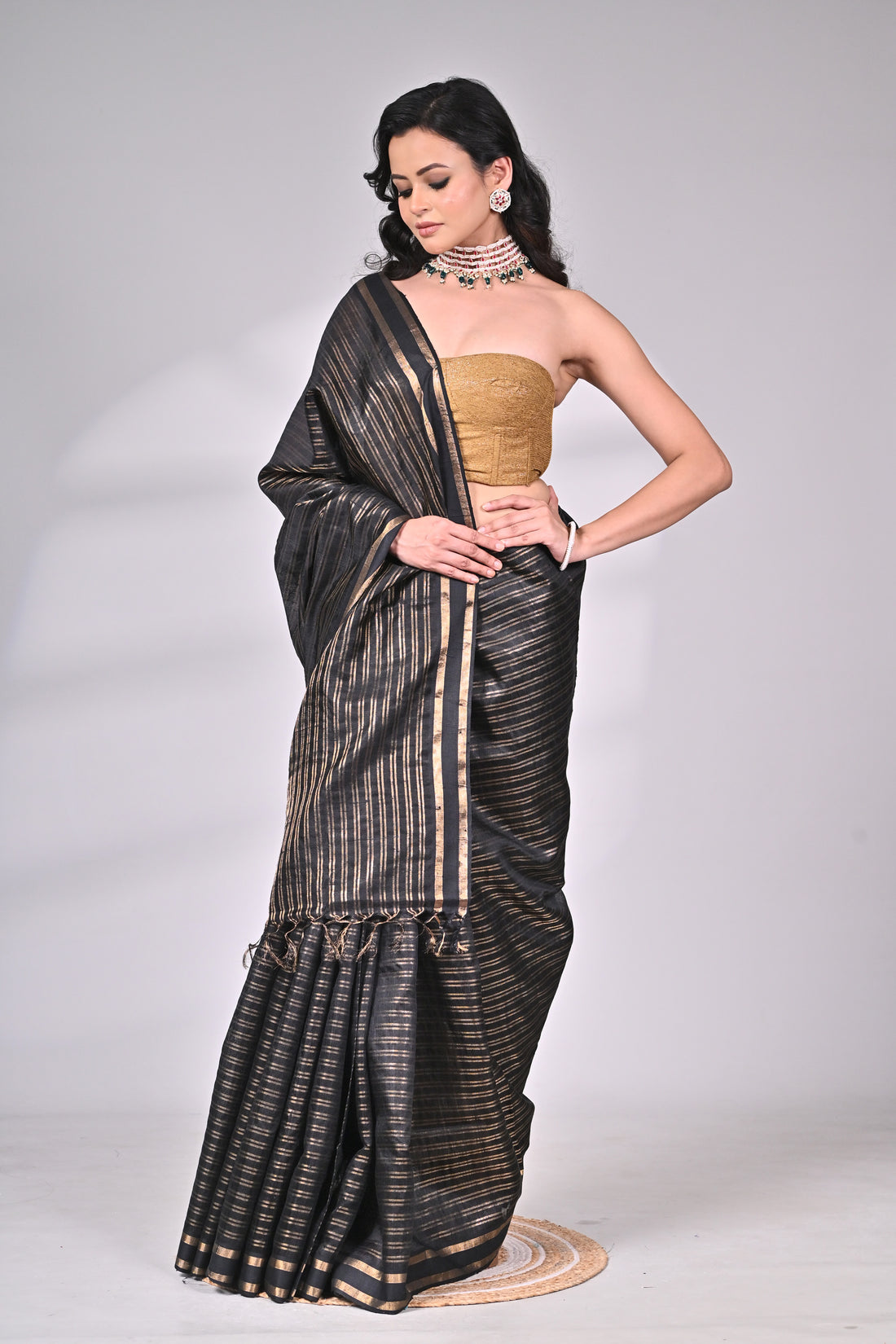 Black Dupion Handloom Silk Saree with Golden Stripes