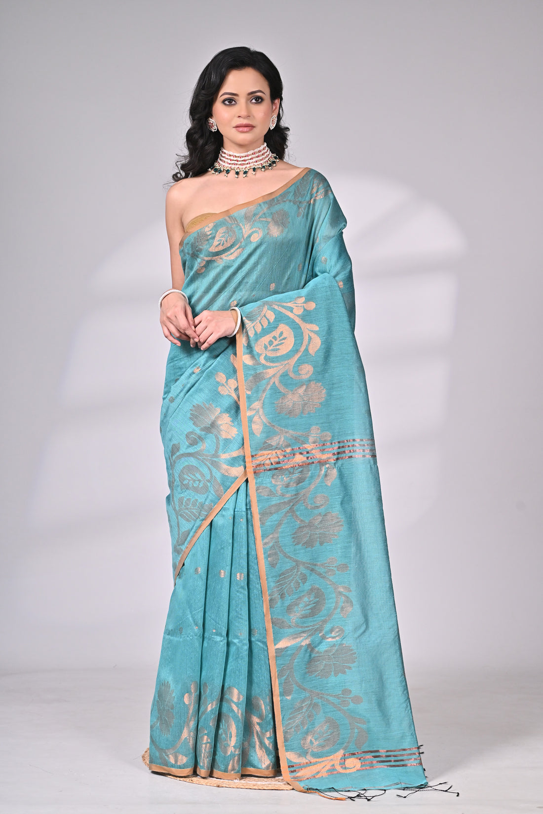 Aqua Blue Cotton Silk Saree with Golden Floral Weave