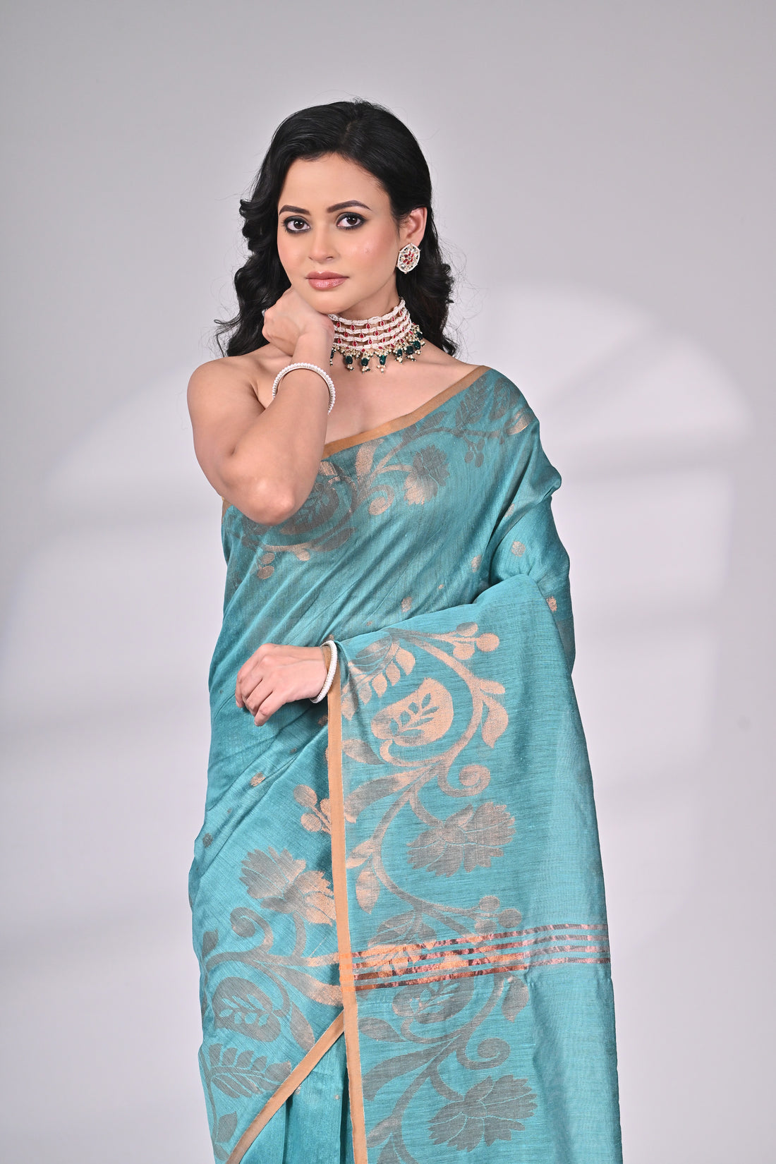 Aqua Blue Cotton Silk Saree with Golden Floral Weave