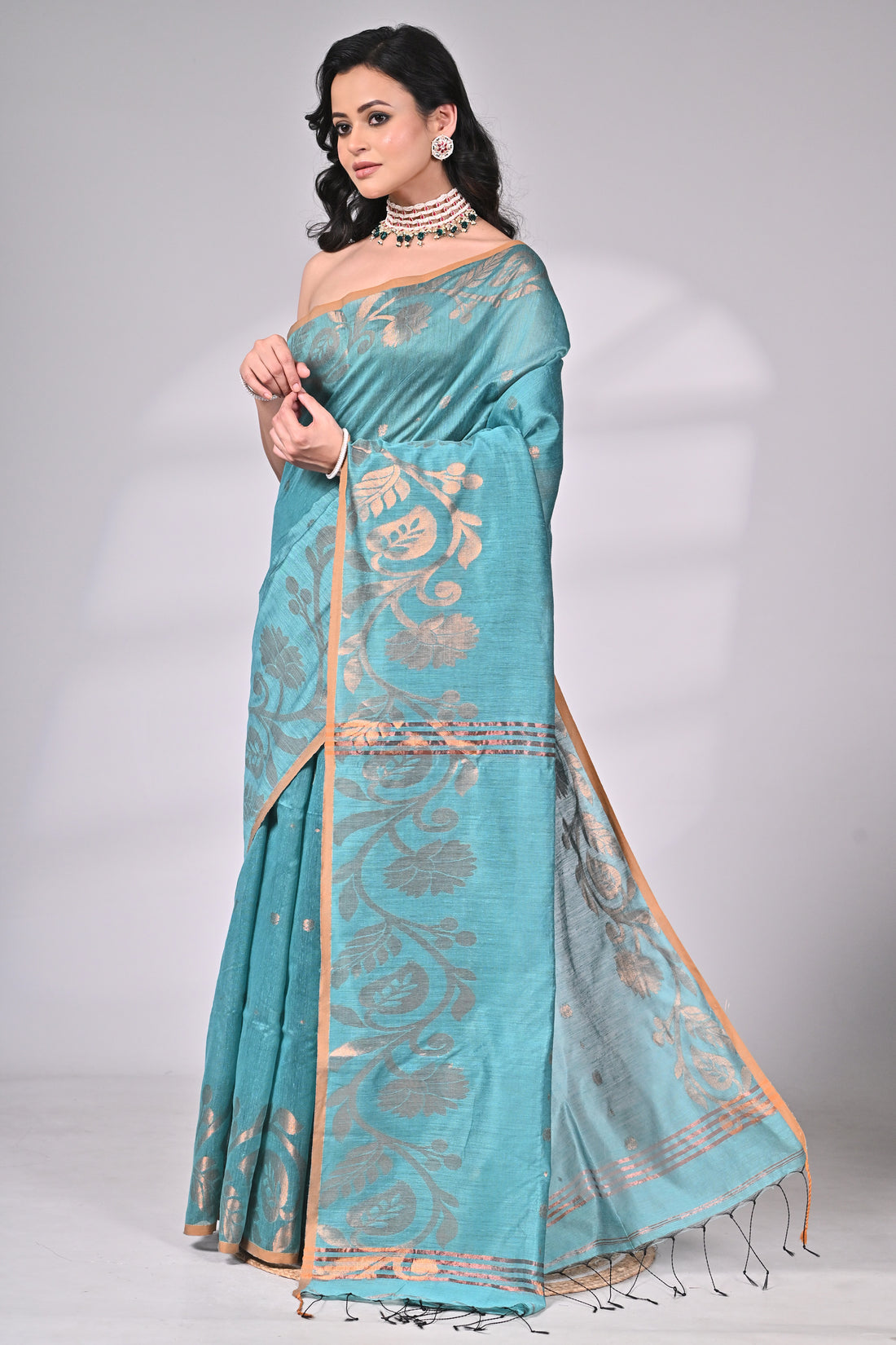 Aqua Blue Cotton Silk Saree with Golden Floral Weave