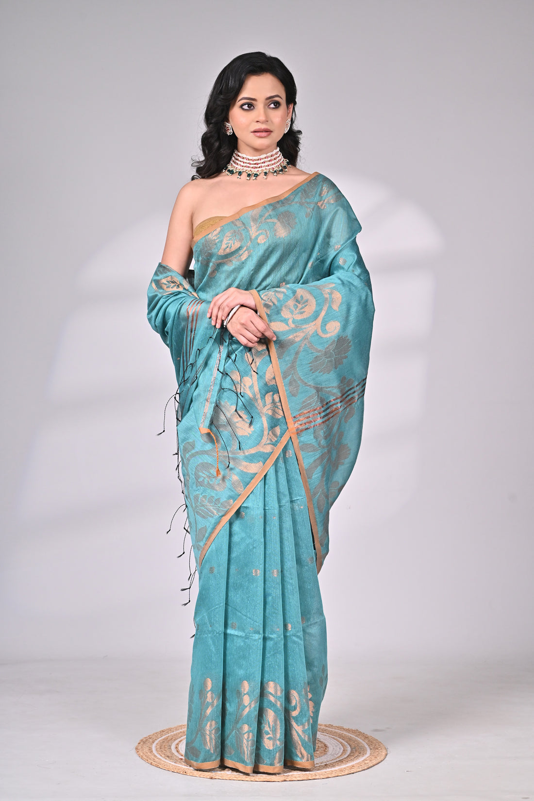 Aqua Blue Cotton Silk Saree with Golden Floral Weave