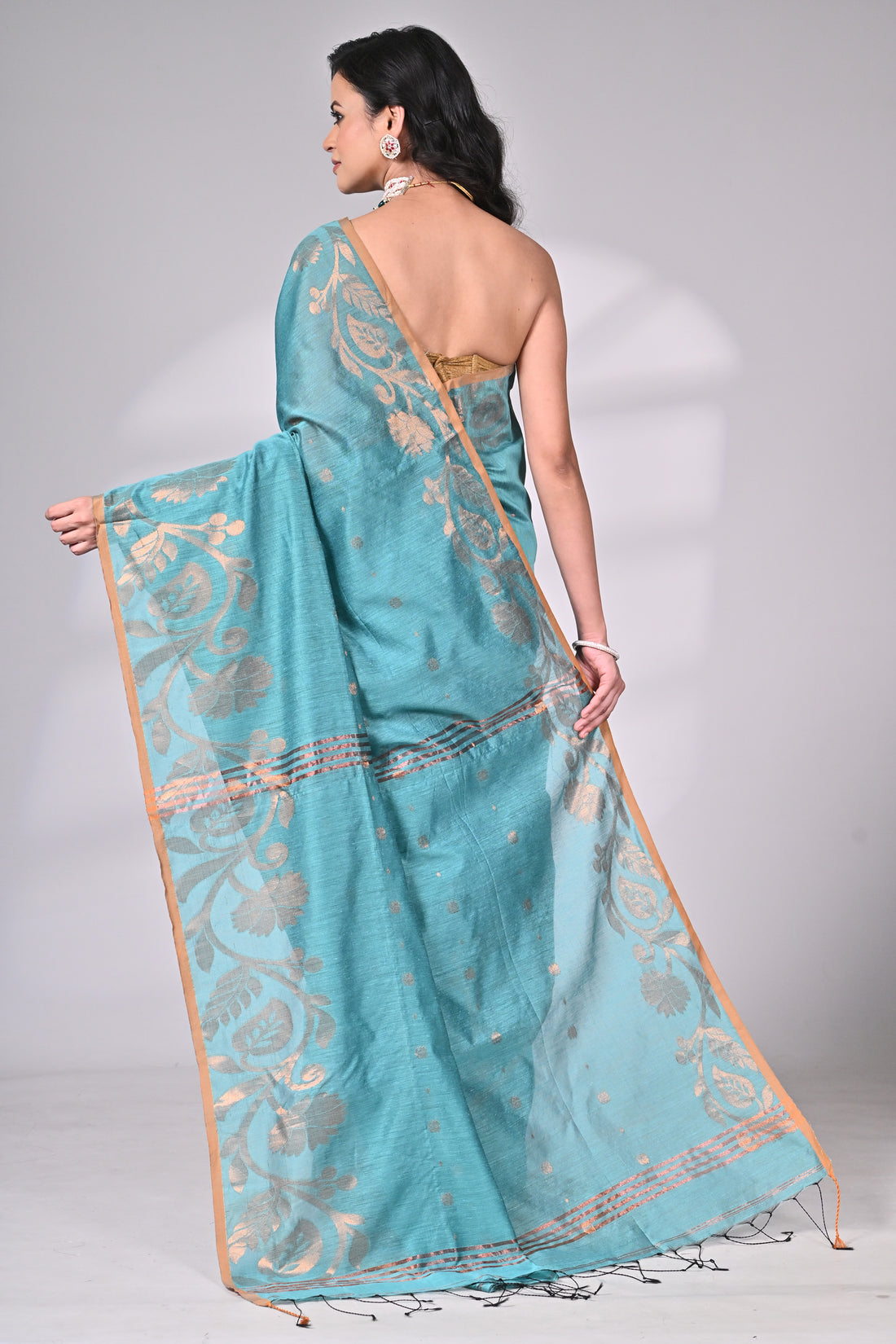 Aqua Blue Cotton Silk Saree with Golden Floral Weave