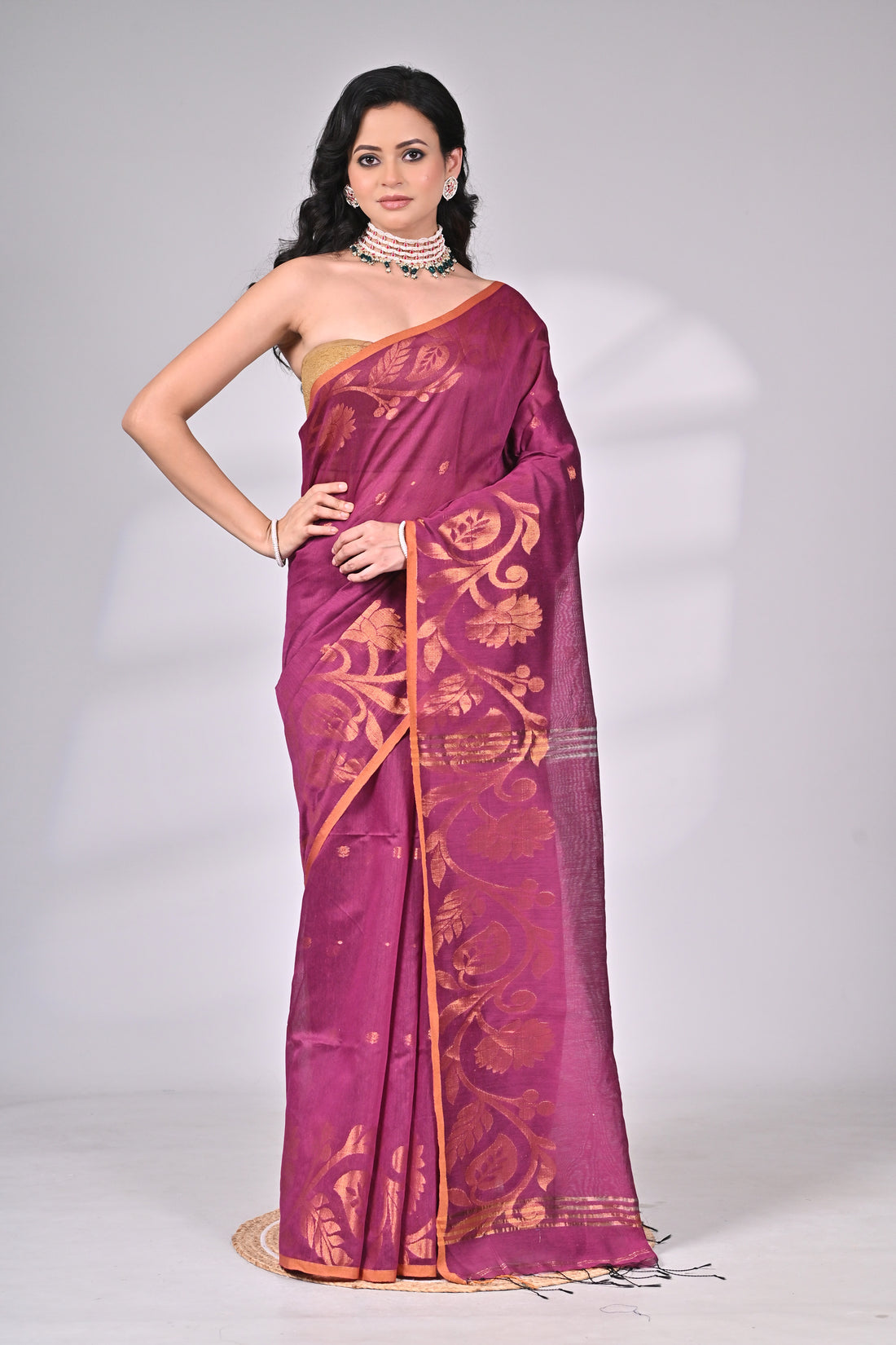 Wine Cotton Silk Saree with Golden Motifs