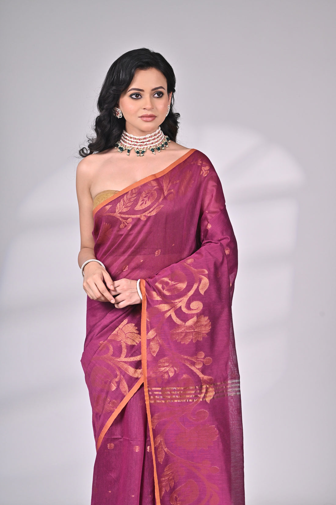 Wine Cotton Silk Saree with Golden Motifs