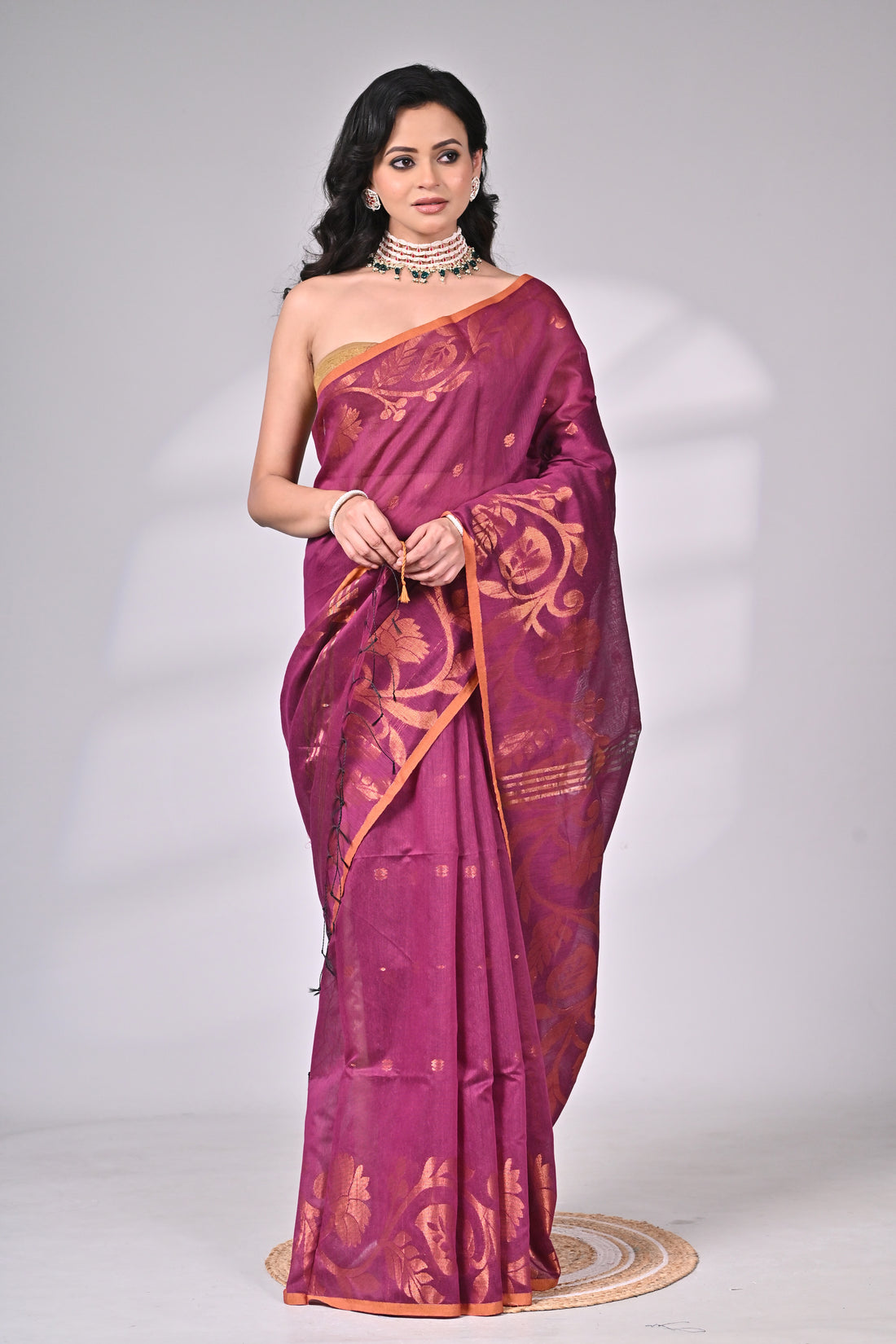 Wine Cotton Silk Saree with Golden Motifs