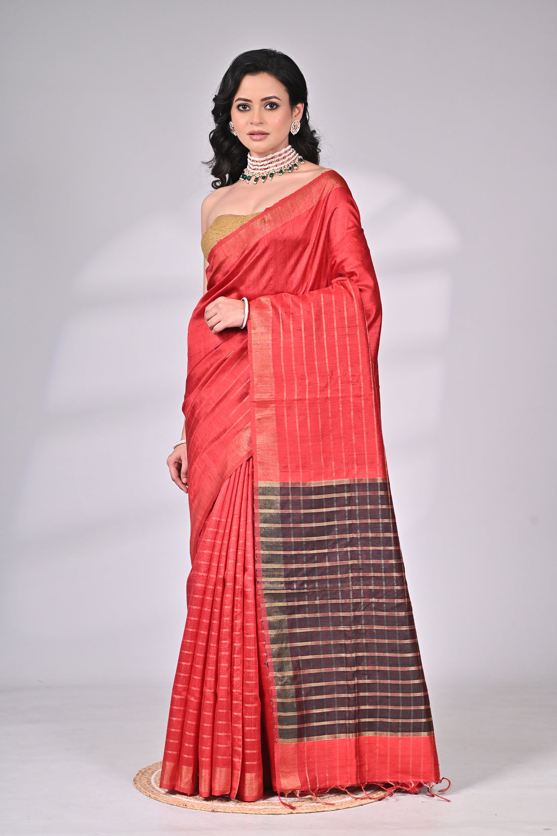 Red Handloom Dupion Silk Saree with Contrast Pallu