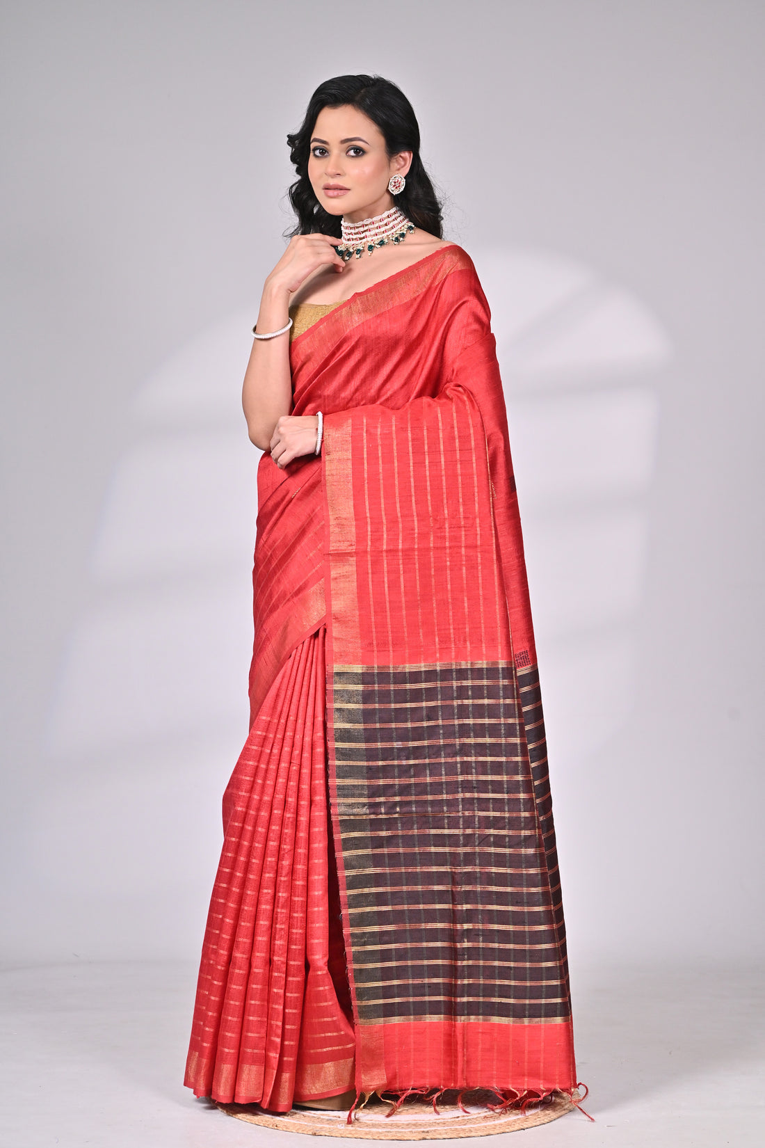 Red Handloom Dupion Silk Saree with Contrast Pallu