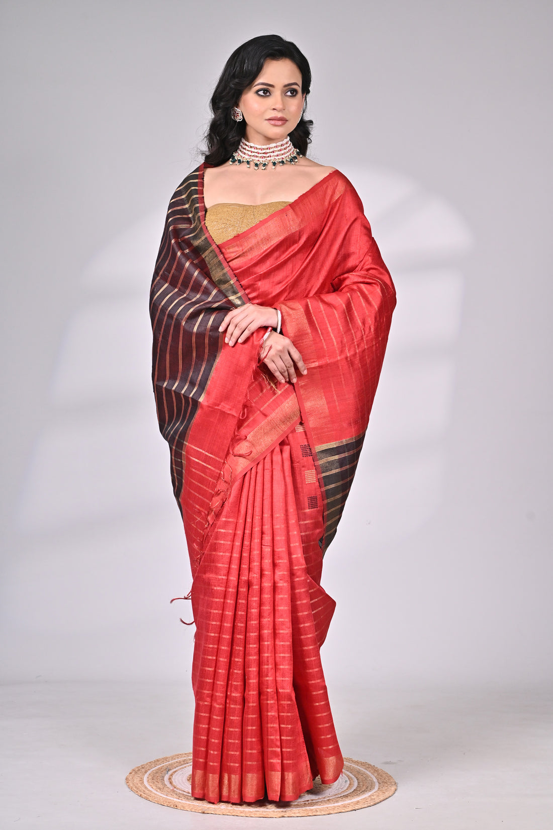 Red Handloom Dupion Silk Saree with Contrast Pallu
