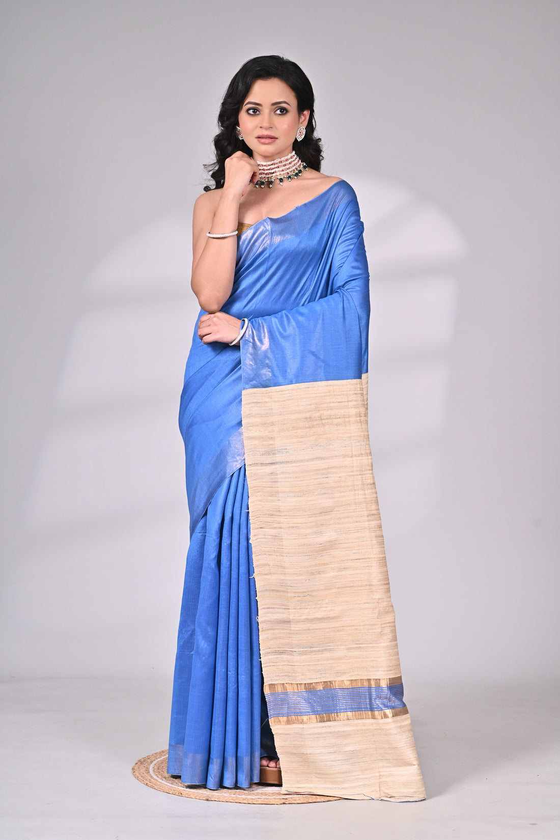 Blue Handloom Tussar Staple Saree with Natural Contrast Border