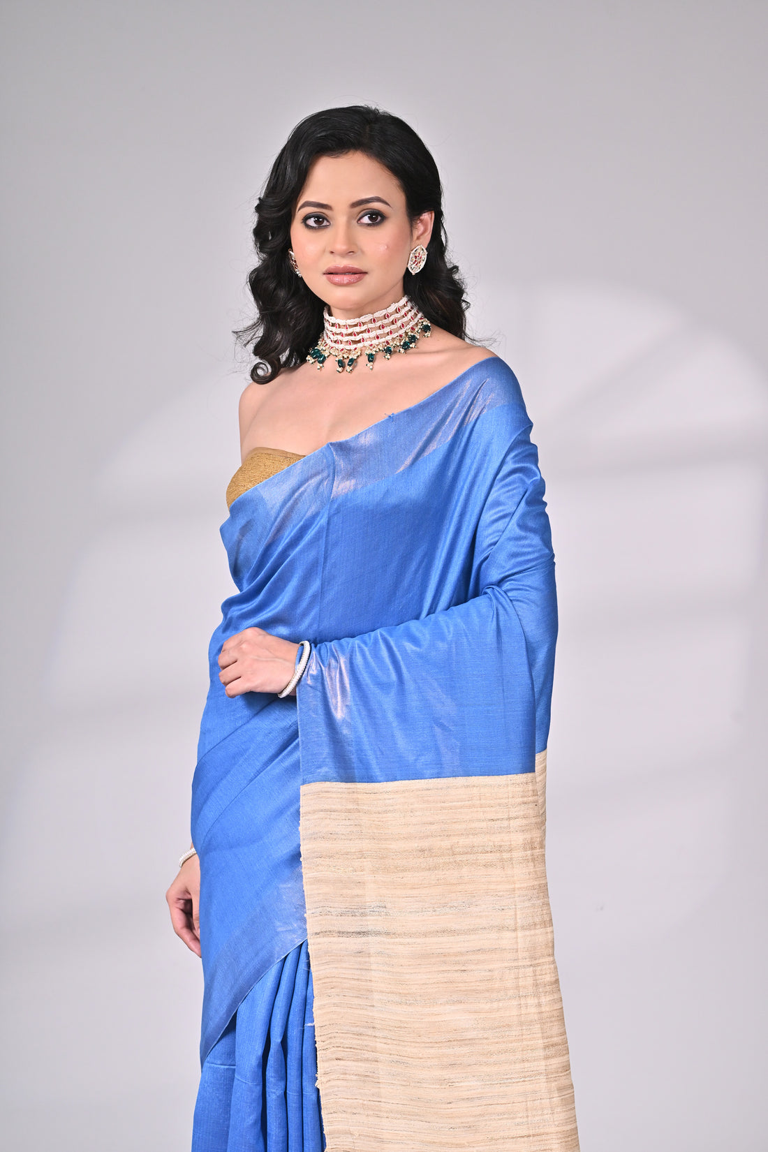 Blue Handloom Tussar Staple Saree with Natural Contrast Border