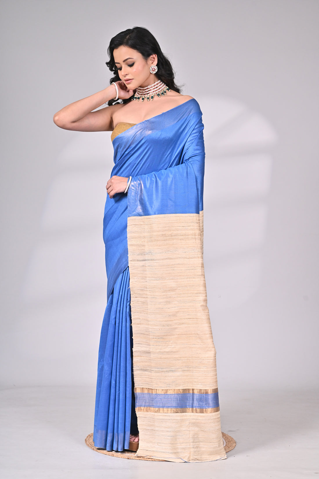 Blue Handloom Tussar Staple Saree with Natural Contrast Border