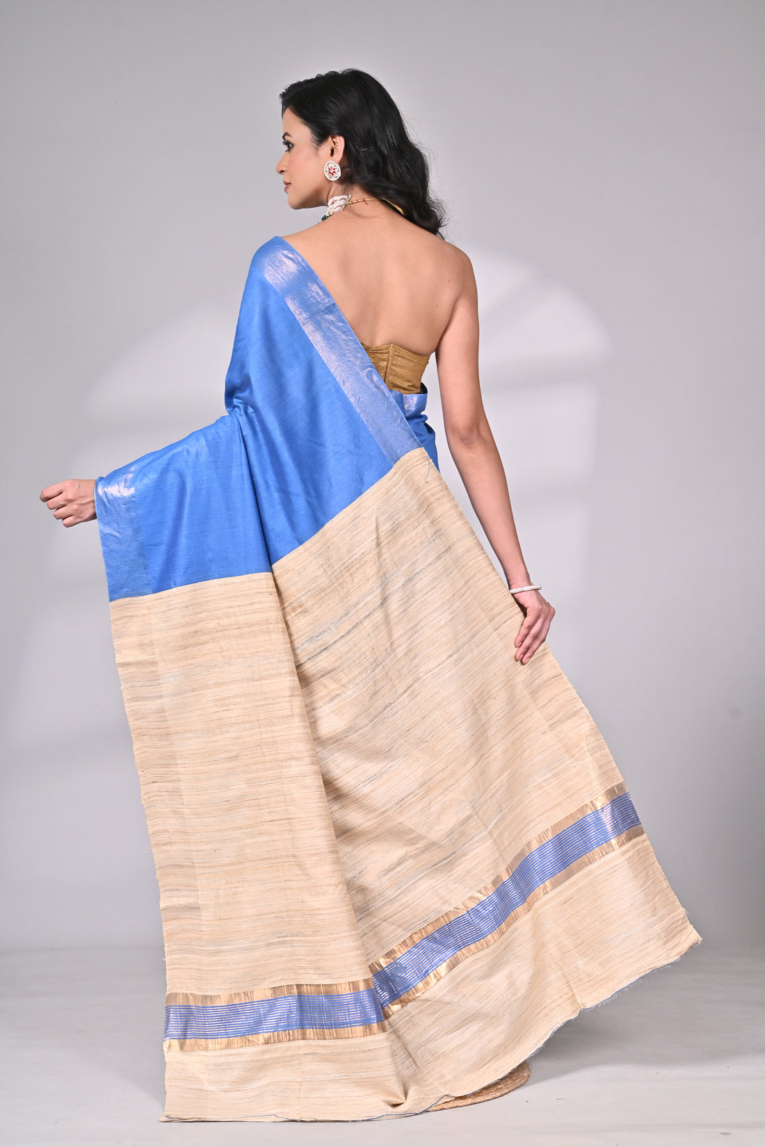 Blue Handloom Tussar Staple Saree with Natural Contrast Border